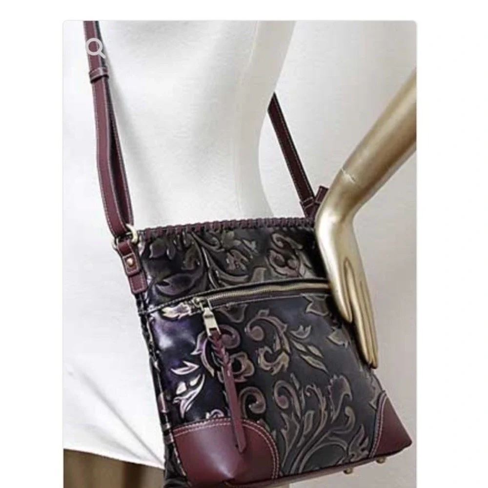 MADI‎ CLAIRE (MC) Crossbody Bag Purple Floral Embossed Genuine Leather Boho